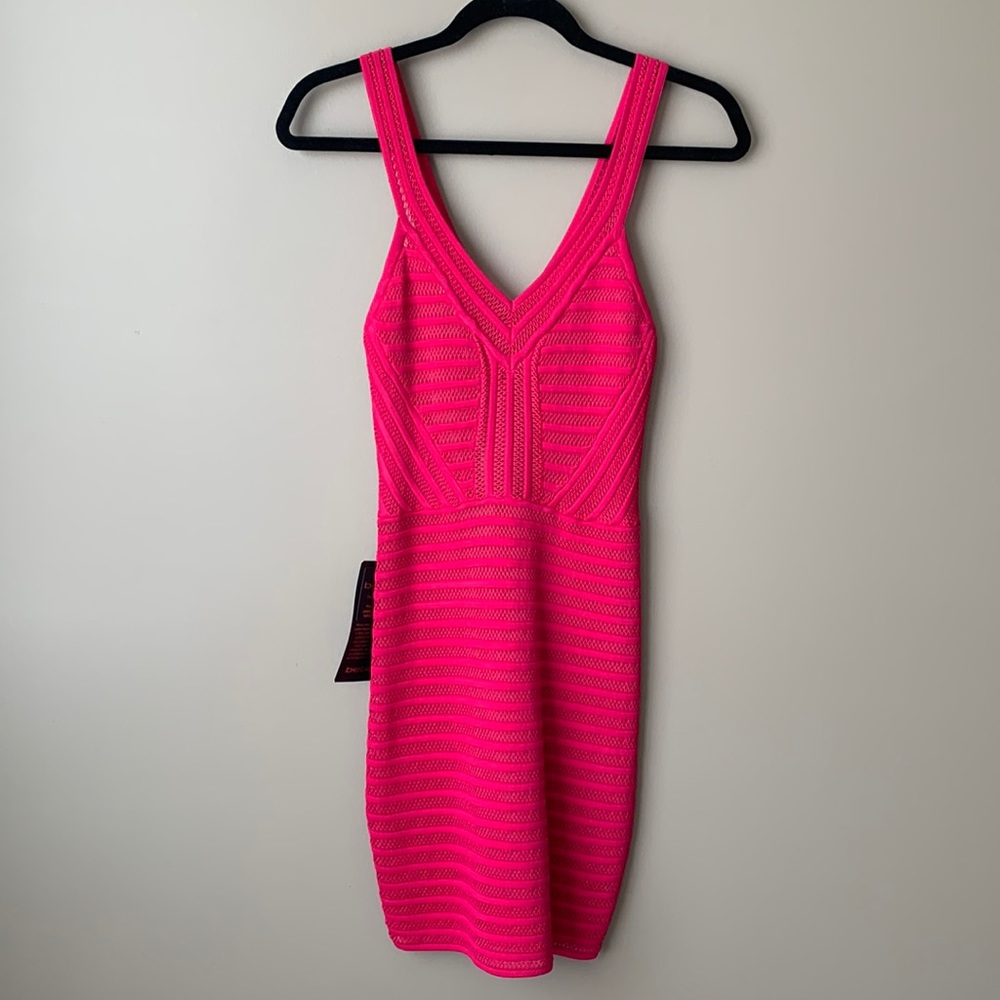 NWT Bebe bright fuchsia Maeve mesh striped dress sz xs